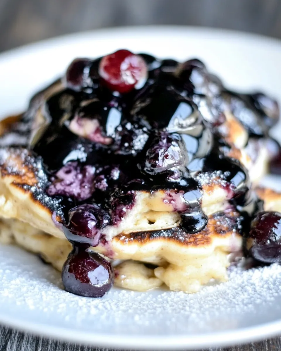 Savory Whole Wheat Cherry Vanilla Bean Pancakes. food shot