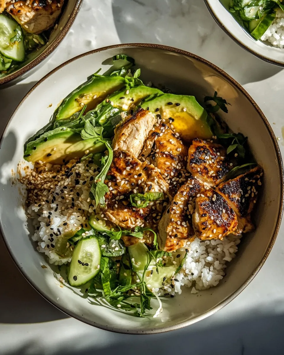 Delicious 20 Minute Miso Sesame Chicken Bowls. food shot