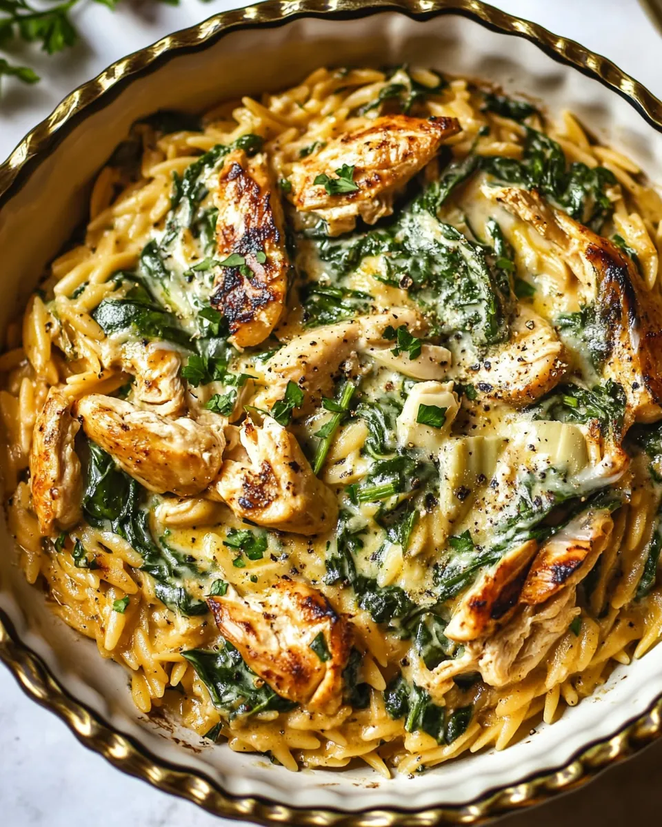 Easy 25 Minute Spinach and Artichoke Chicken Orzo. recipe image