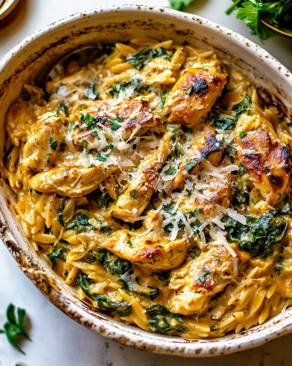 Delicious 25 Minute Spinach and Artichoke Chicken Orzo. dish photo