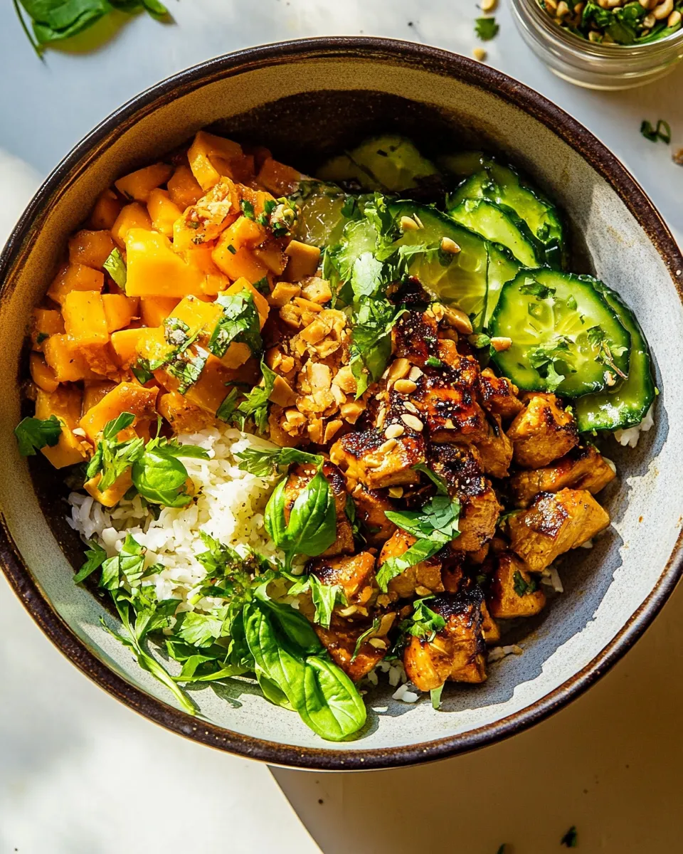 Homemade 30 Minute Ginger Peanut Chicken Bowls. recipe photo