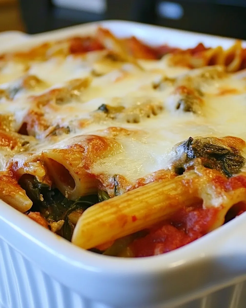 Delicious Artichoke & Spinach Penne Casserole food shot