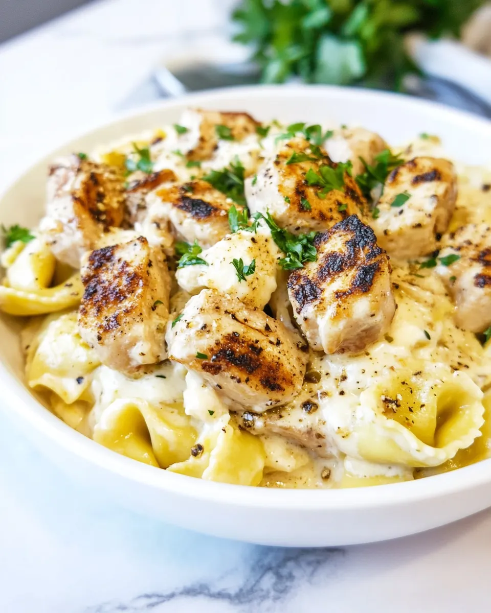 Easy Asiago Tortellini Alfredo with Grilled Chicken dish photo
