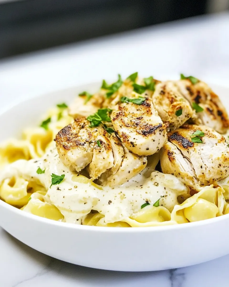 Delicious Asiago Tortellini Alfredo with Grilled Chicken food shot