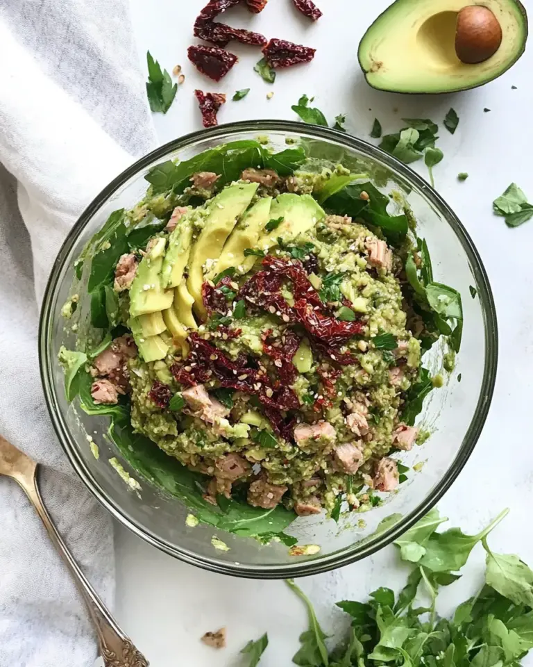 Homemade Avocado Pesto Tuna Salad with Sun-Dried Tomatoes photo