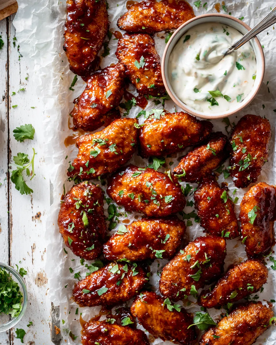 Homemade Baked Boneless Honey BBQ Chicken Wings with Spicy Ranch. recipe photo