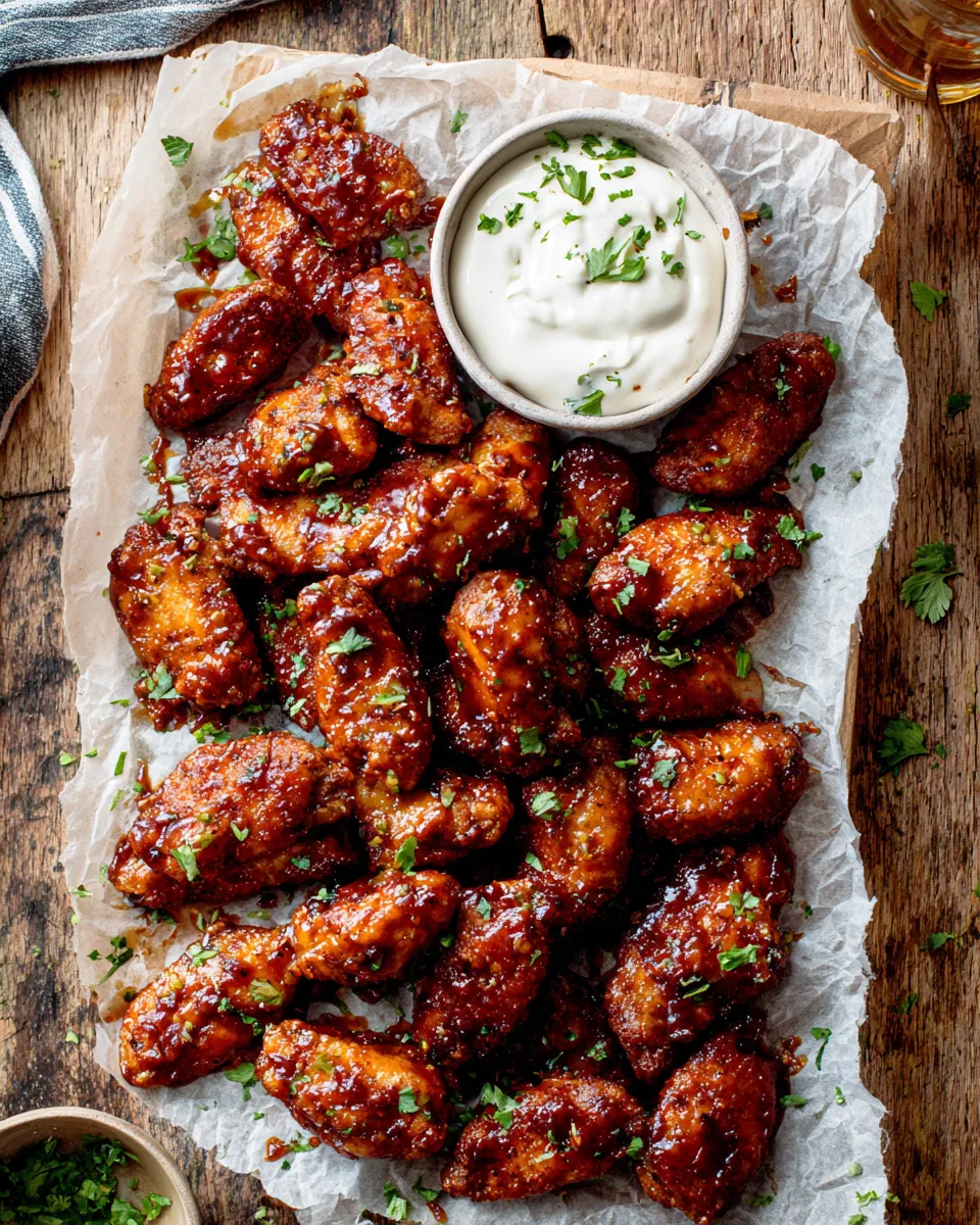 Classic Baked Boneless Honey BBQ Chicken Wings with Spicy Ranch. food shot