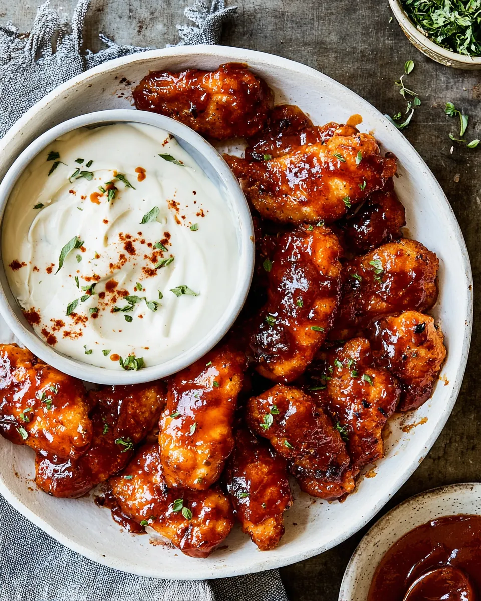 Easy Baked Boneless Honey BBQ Chicken Wings with Spicy Ranch. plate image