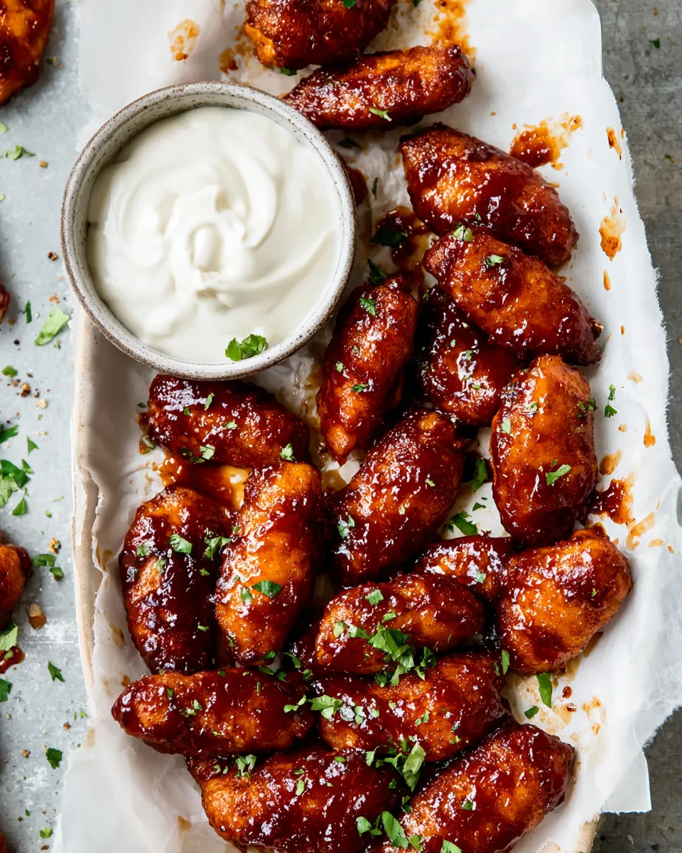 Delicious Baked Boneless Honey BBQ Chicken Wings with Spicy Ranch. dish photo