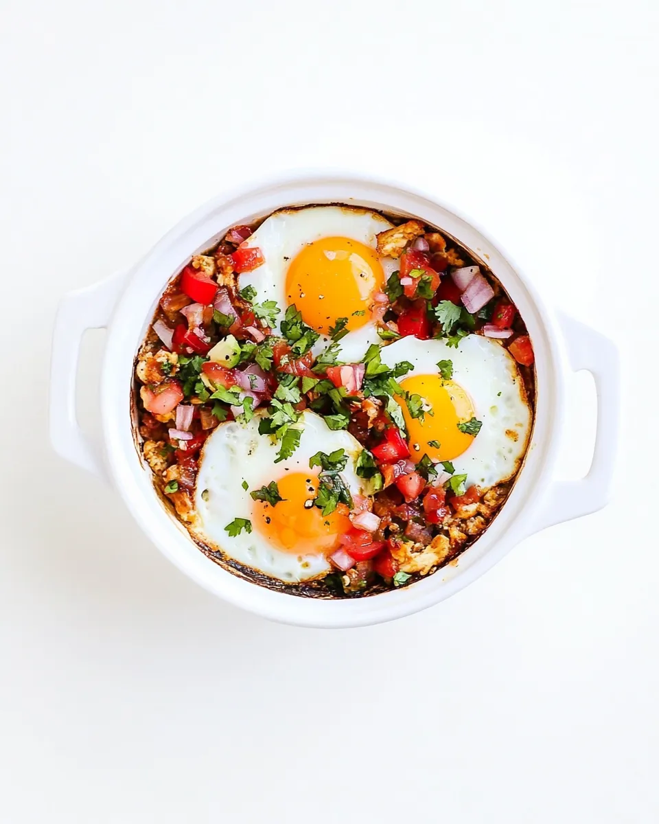 delicious Baked Eggs with Shredded Chicken and Salsa plate image