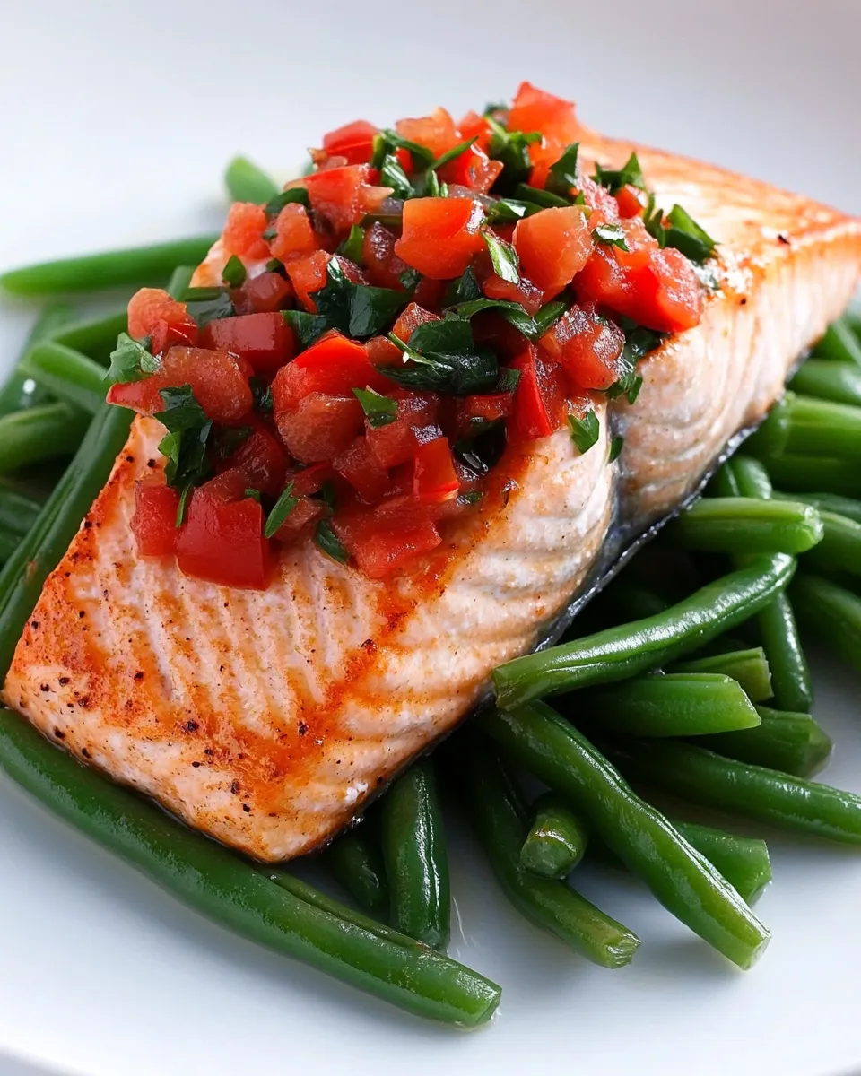 Easy Baked Salmon with Green Beans & Roasted Pepper Salsa recipe image
