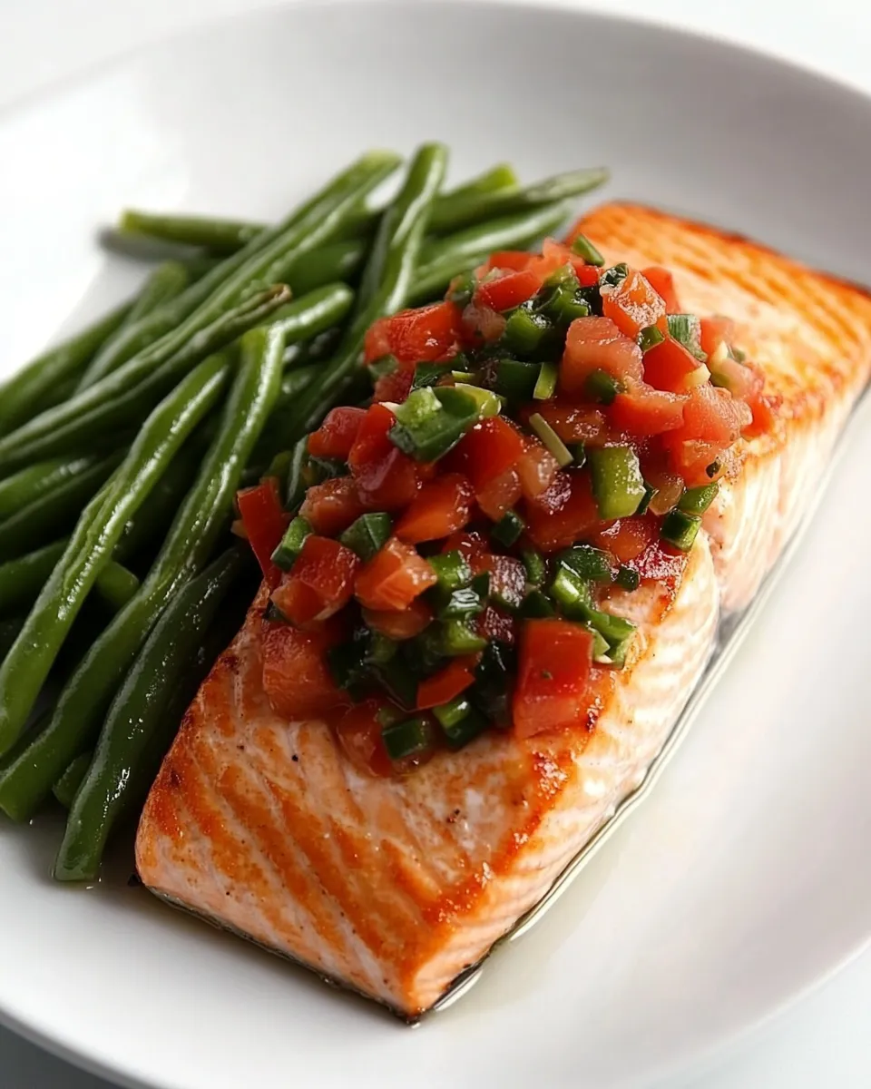 Delicious Baked Salmon with Green Beans & Roasted Pepper Salsa dish photo