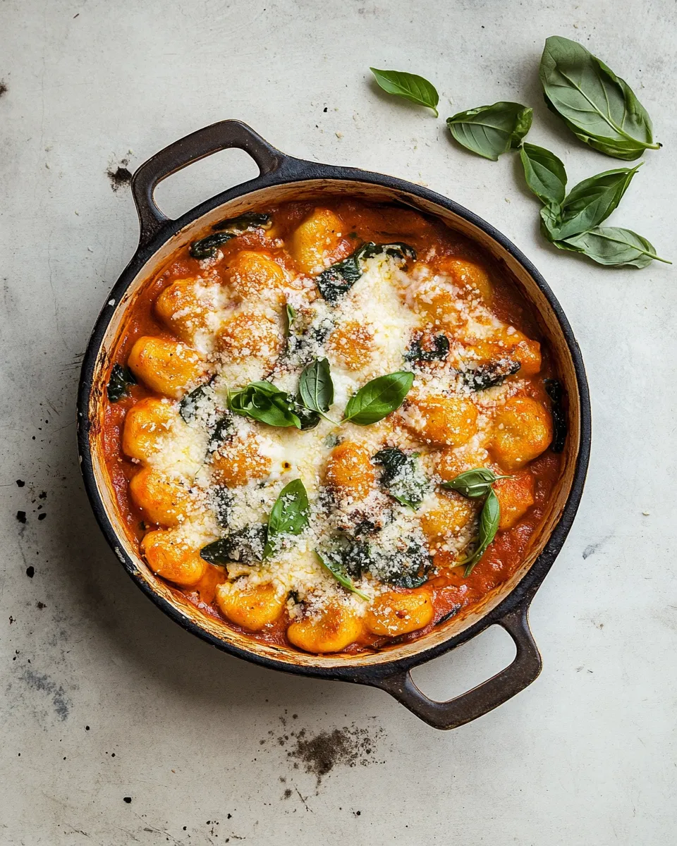 Easy Baked gnocchi with creamy tomato & spinach recipe image