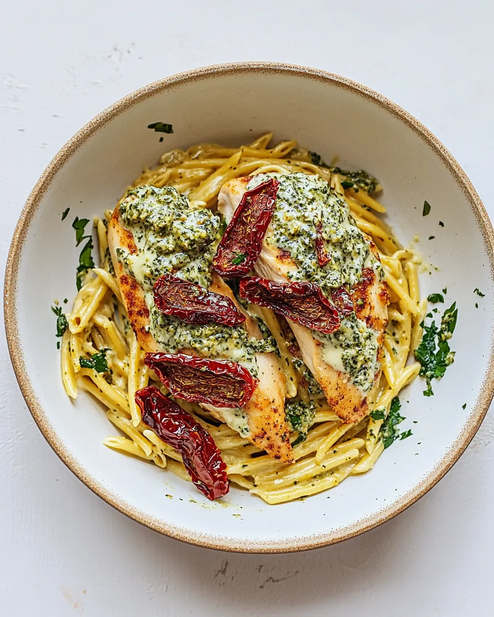 Homemade Basil Pesto Chicken with Alfredo Penne and Sun Dried Tomatoes photo