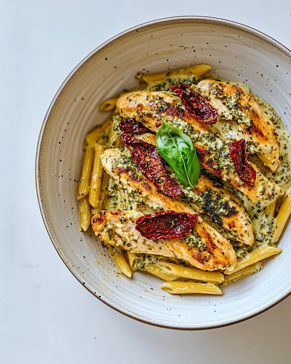 Classic Basil Pesto Chicken with Alfredo Penne and Sun Dried Tomatoes image