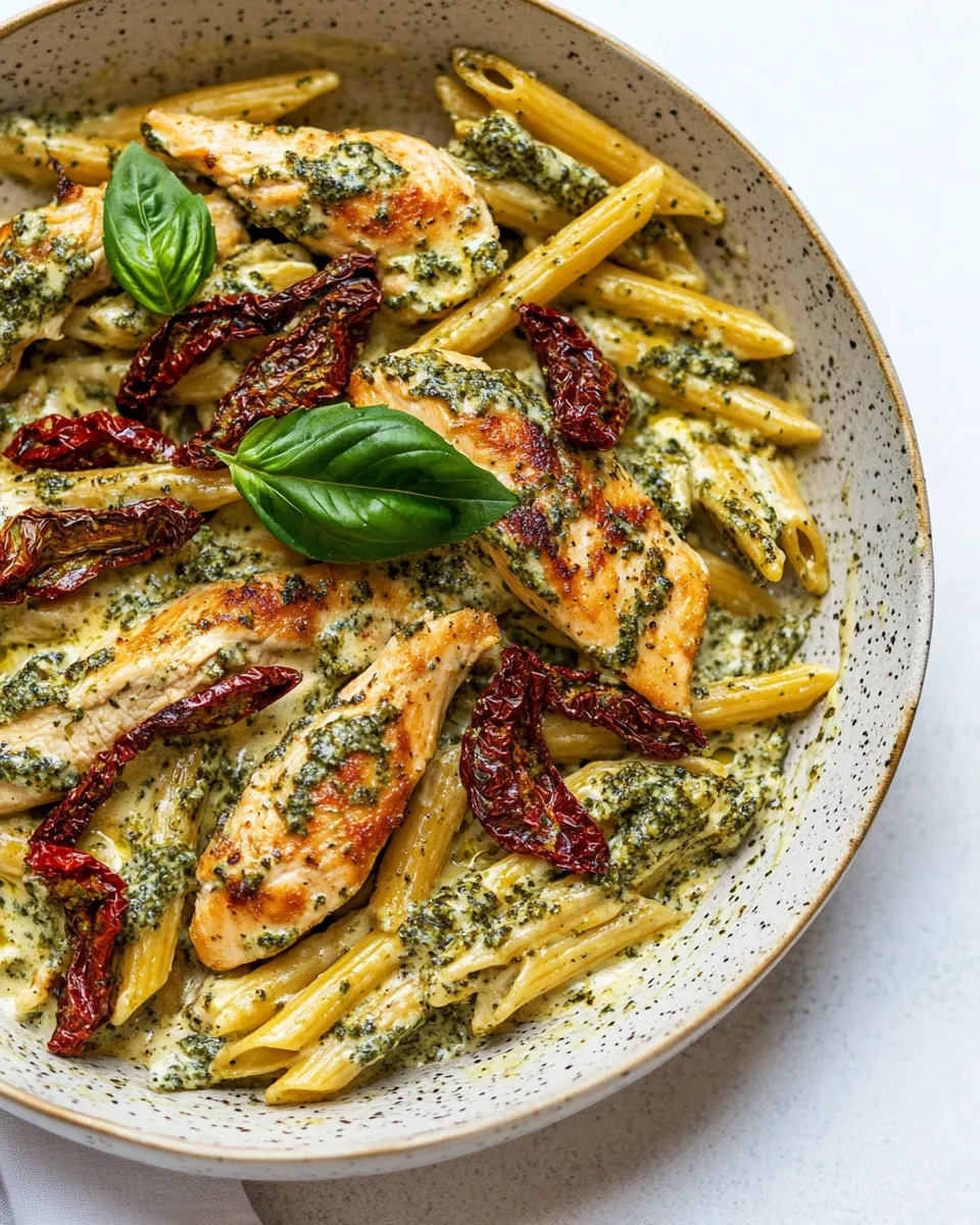 Easy Basil Pesto Chicken with Alfredo Penne and Sun Dried Tomatoes recipe image