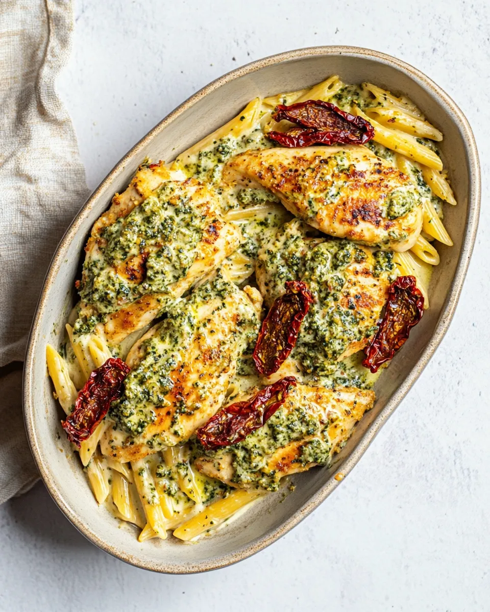 Delicious Basil Pesto Chicken with Alfredo Penne and Sun Dried Tomatoes dish photo