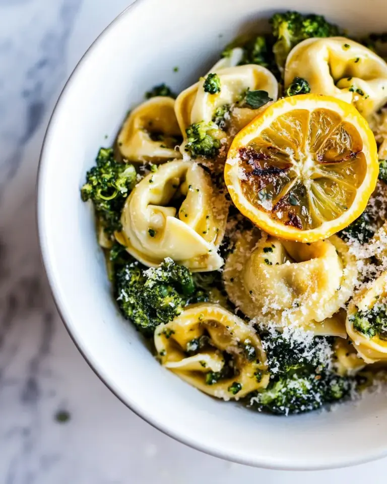 homemade Best Easy Broccoli Cheese Tortellini with Fried Lemon. photo