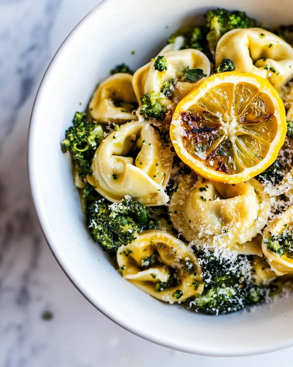 homemade Best Easy Broccoli Cheese Tortellini with Fried Lemon. photo