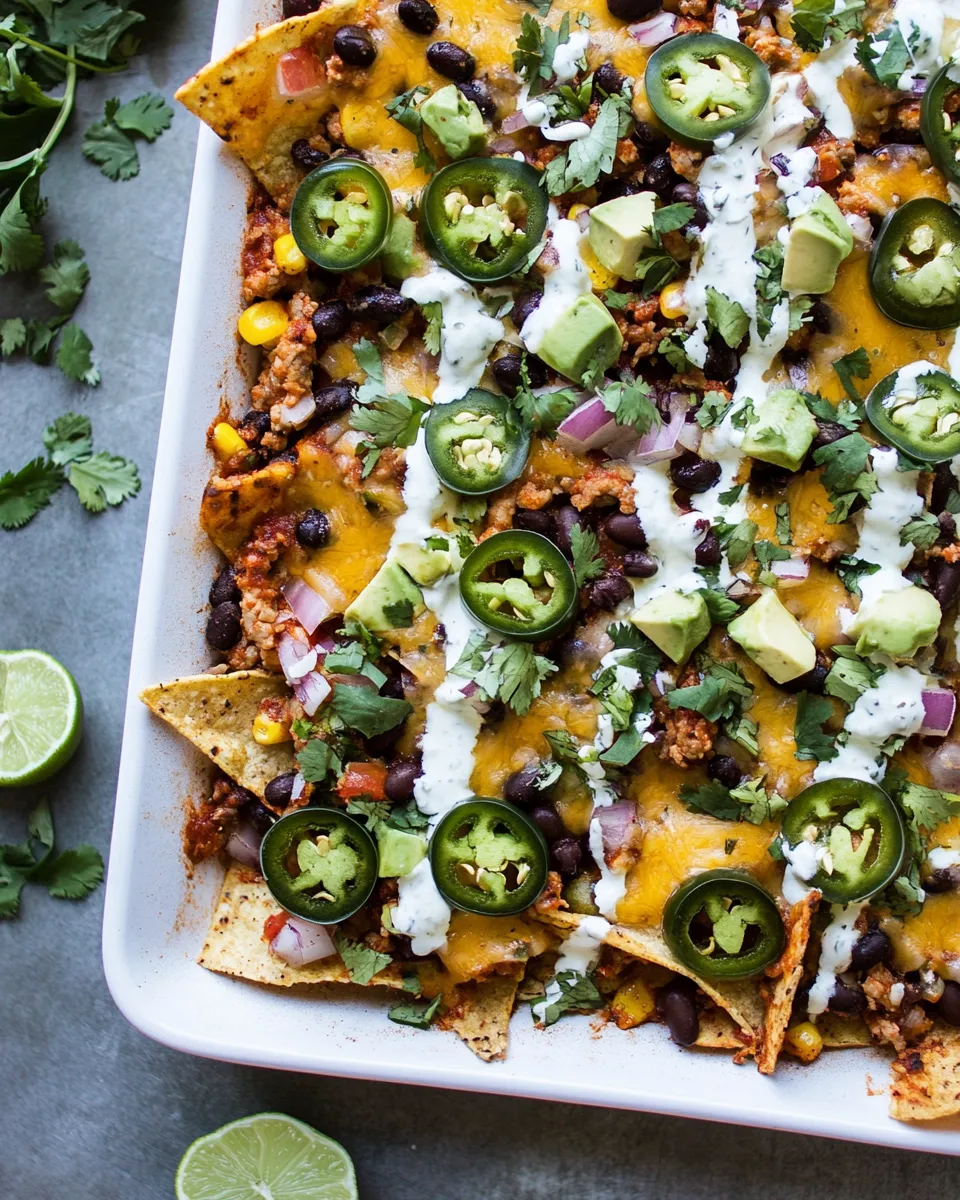delicious Black Bean Turkey Nachos with Jalapeno Yogurt. shot