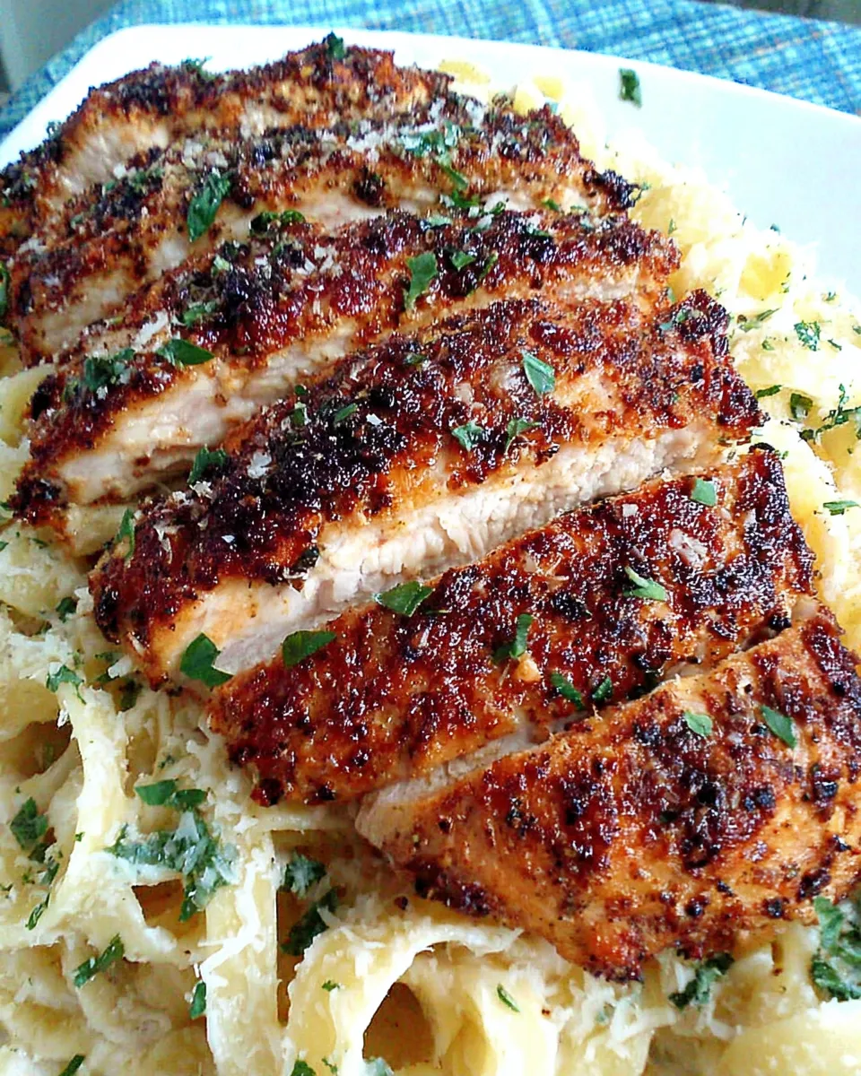 Homemade Blackened Chicken with Roasted Garlic Alfredo dish photo