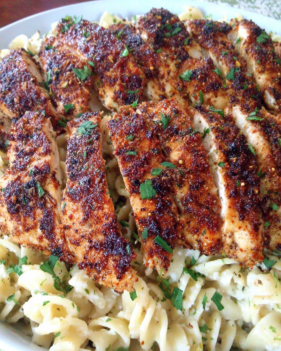 Easy Blackened Chicken with Roasted Garlic Alfredo food shot