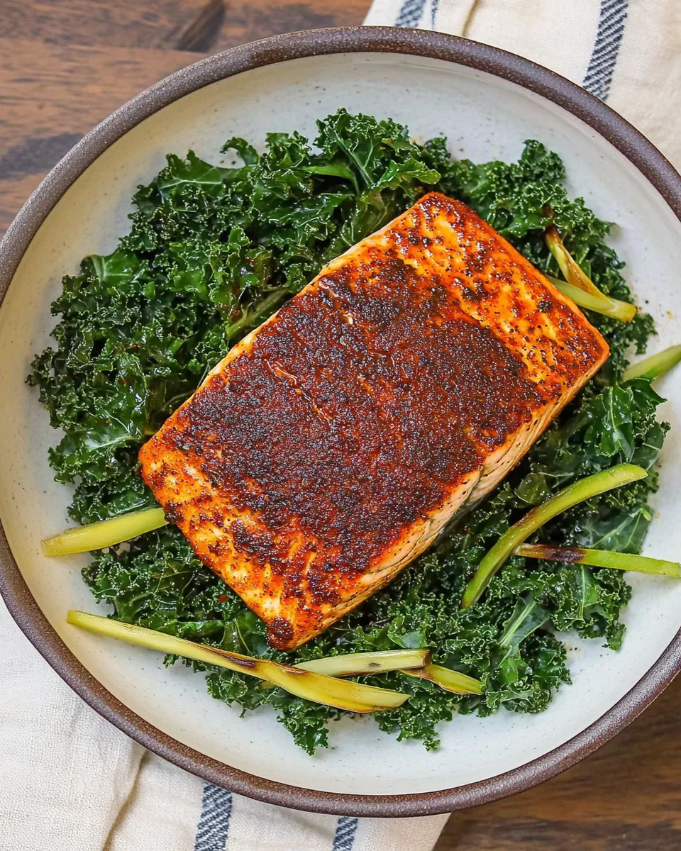 Delicious Blackened Salmon with Cajun Garlicky Kale dish photo