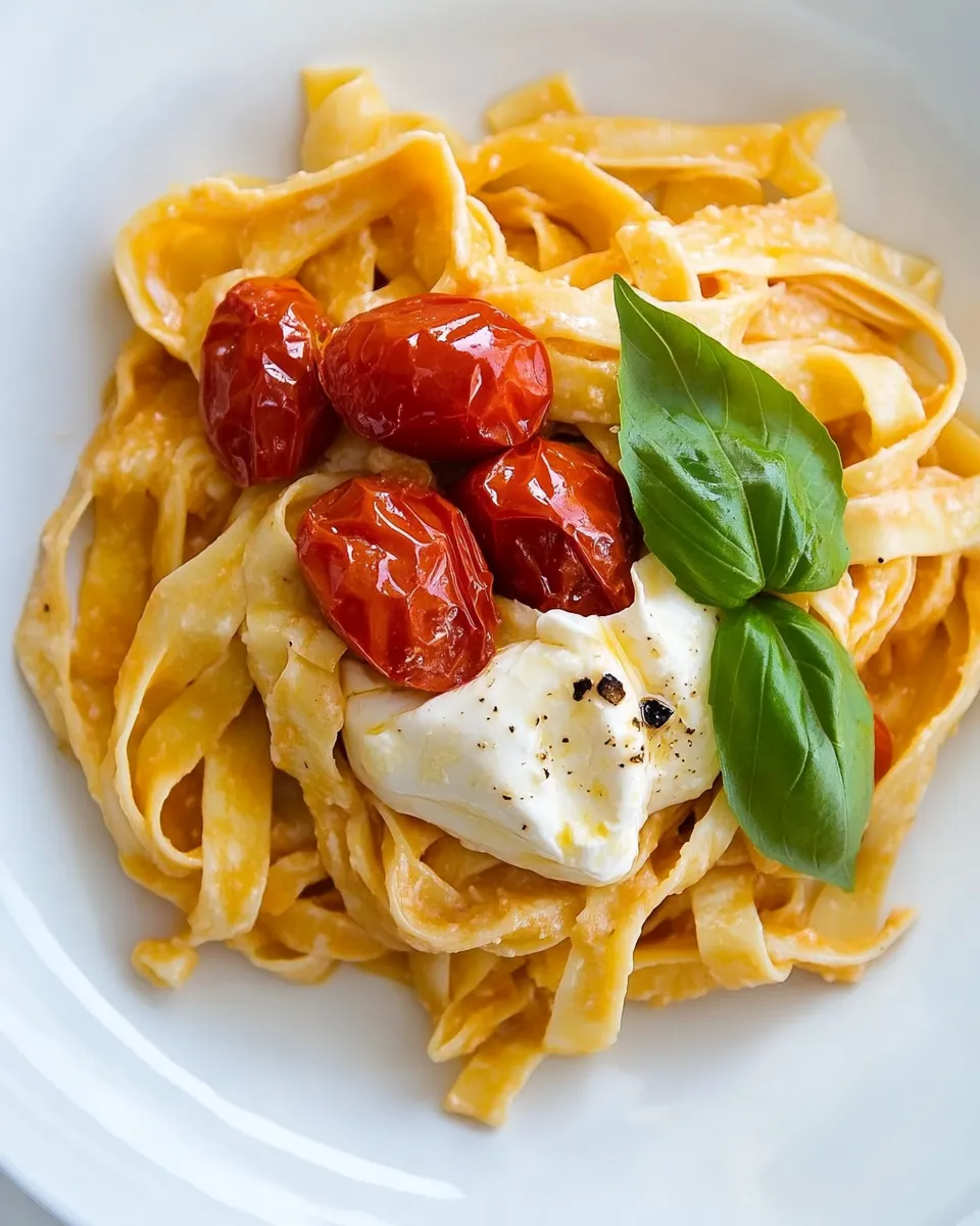 Homemade Burrata Cheese with Roasted Tomatoes and Fettuccine photo