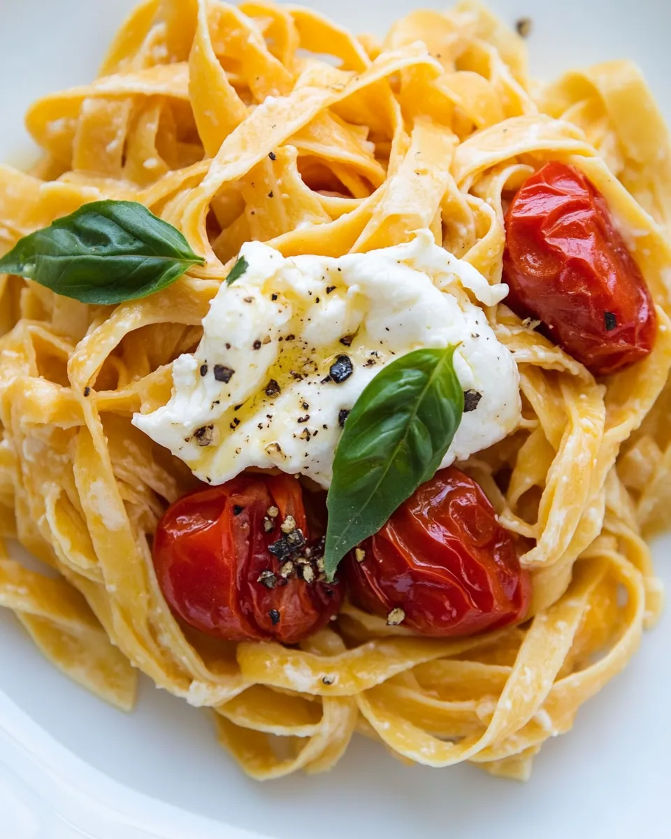 Delicious Burrata Cheese with Roasted Tomatoes and Fettuccine dish photo