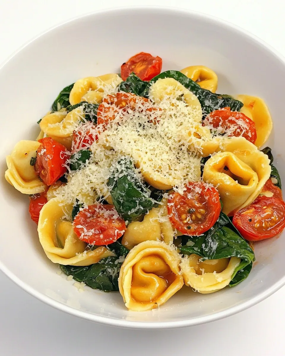 Delicious Cheese Tortellini with Spinach and Slow Roasted Tomatoes shot