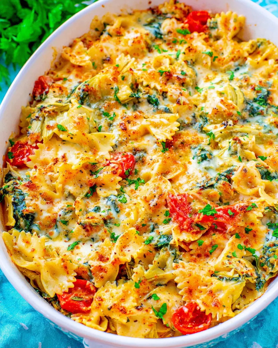 Delicious Cheesy Spinach and Artichoke Chicken Pasta photo