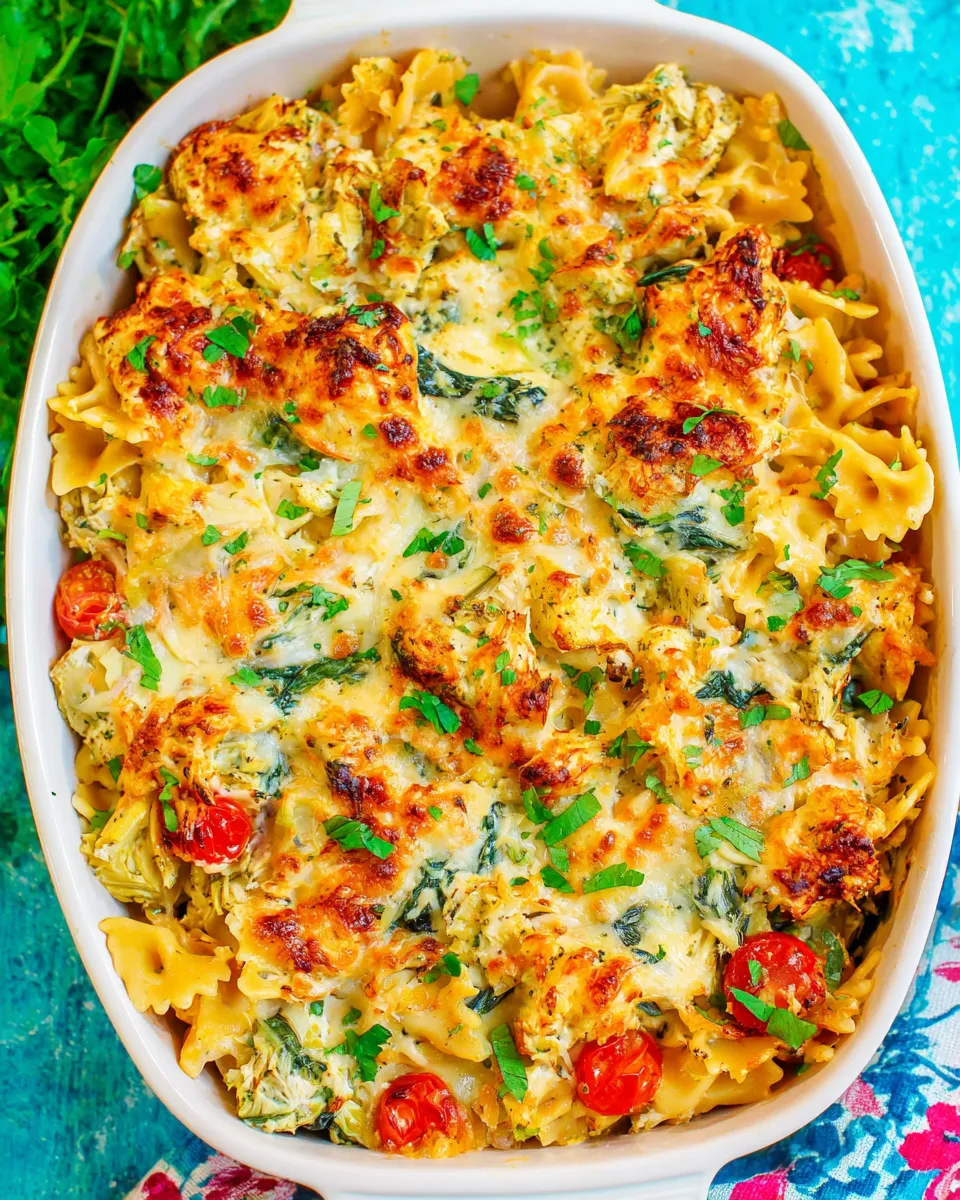 Easy Cheesy Spinach and Artichoke Chicken Pasta dish photo