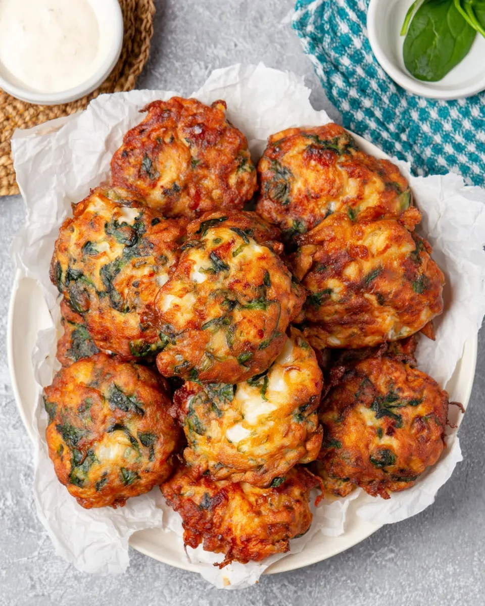 Easy Cheesy chicken spinach fritters food shot