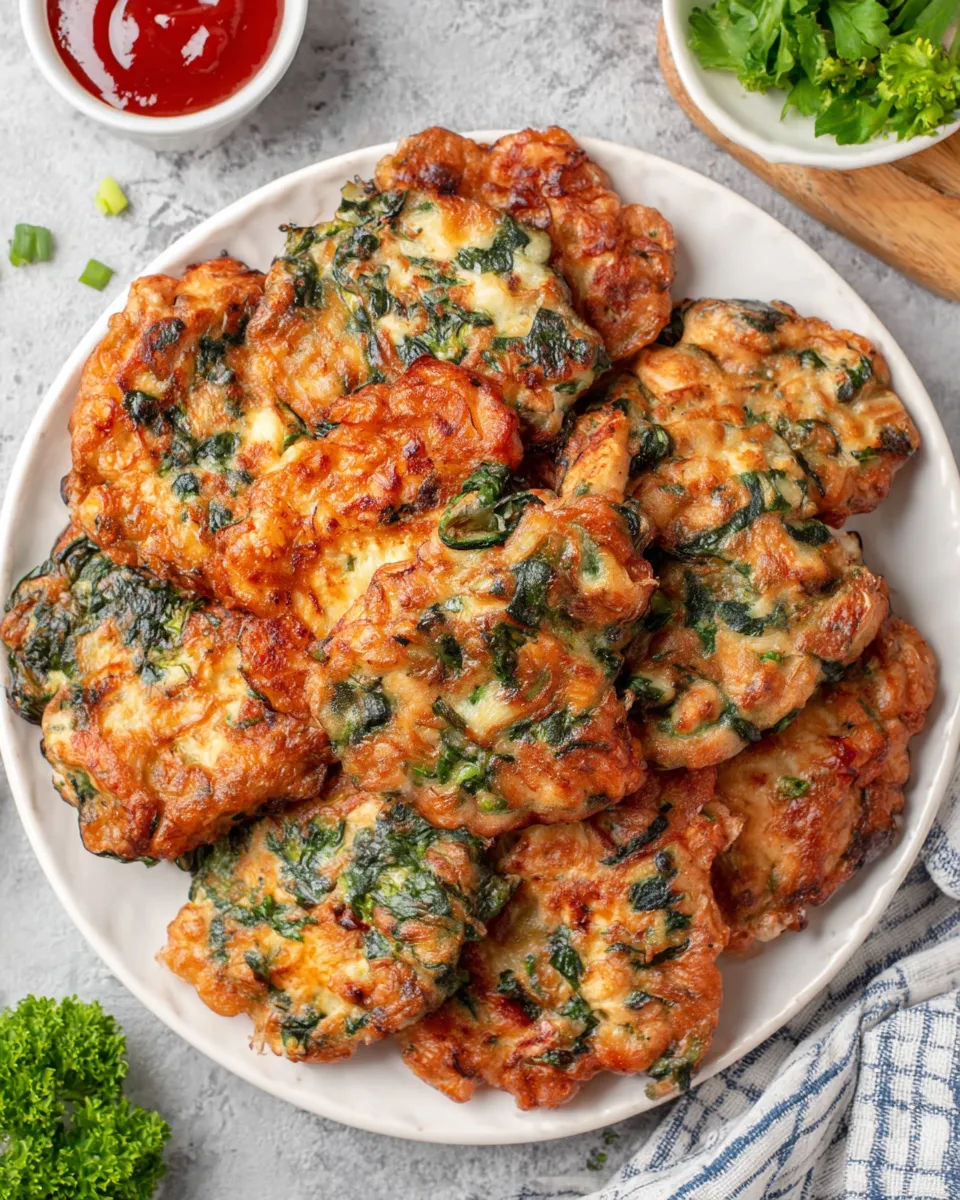 Delicious Cheesy chicken spinach fritters plate image