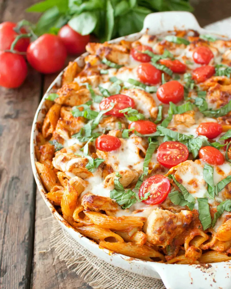 Delicious Chicken Caprese Pasta Casserole dish photo