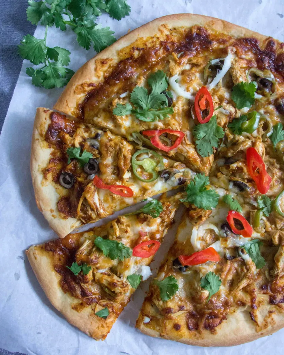 Easy Chicken Enchilada Pizza food shot