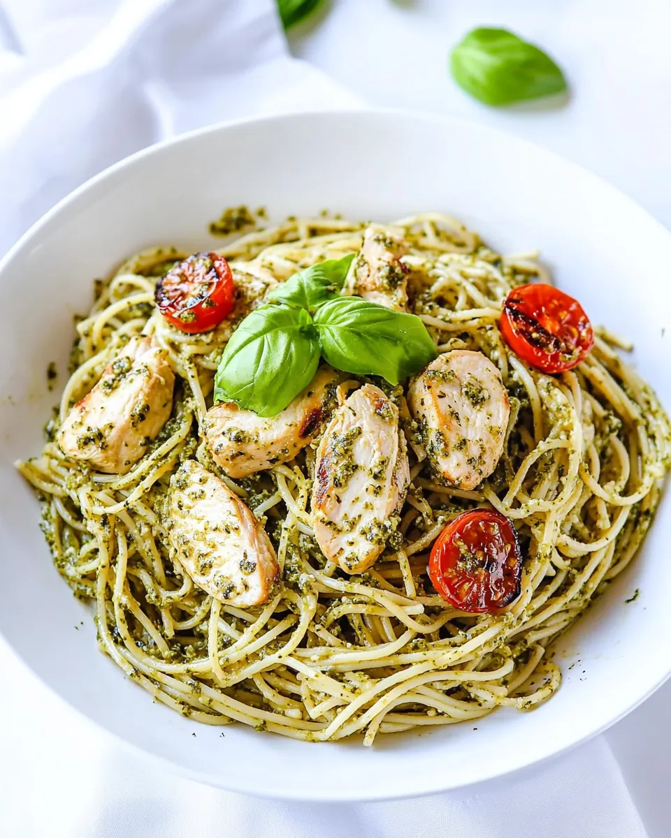 Delicious Chicken Pesto Spaghetti plate image