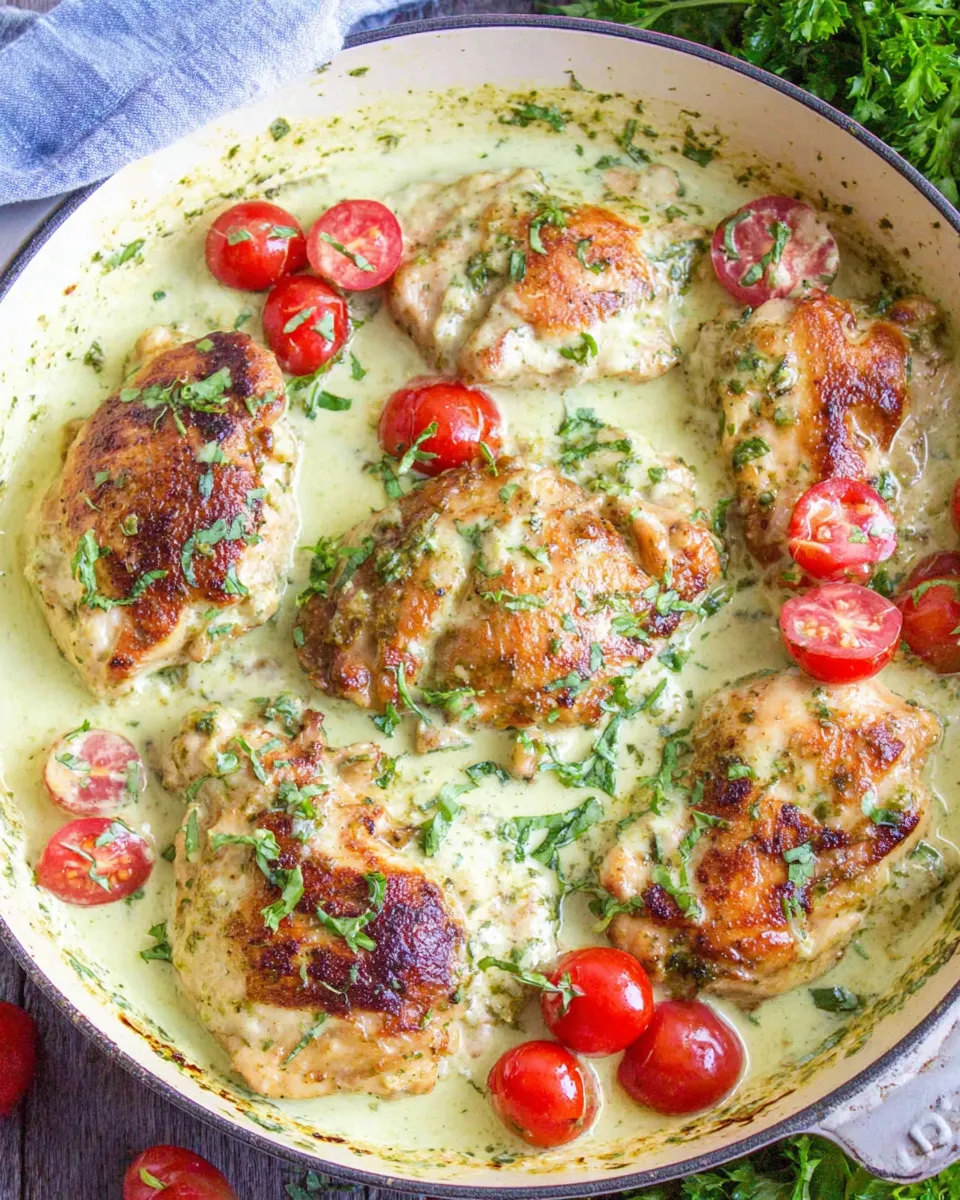 Delicious Chicken with Pesto Cream Sauce food shot