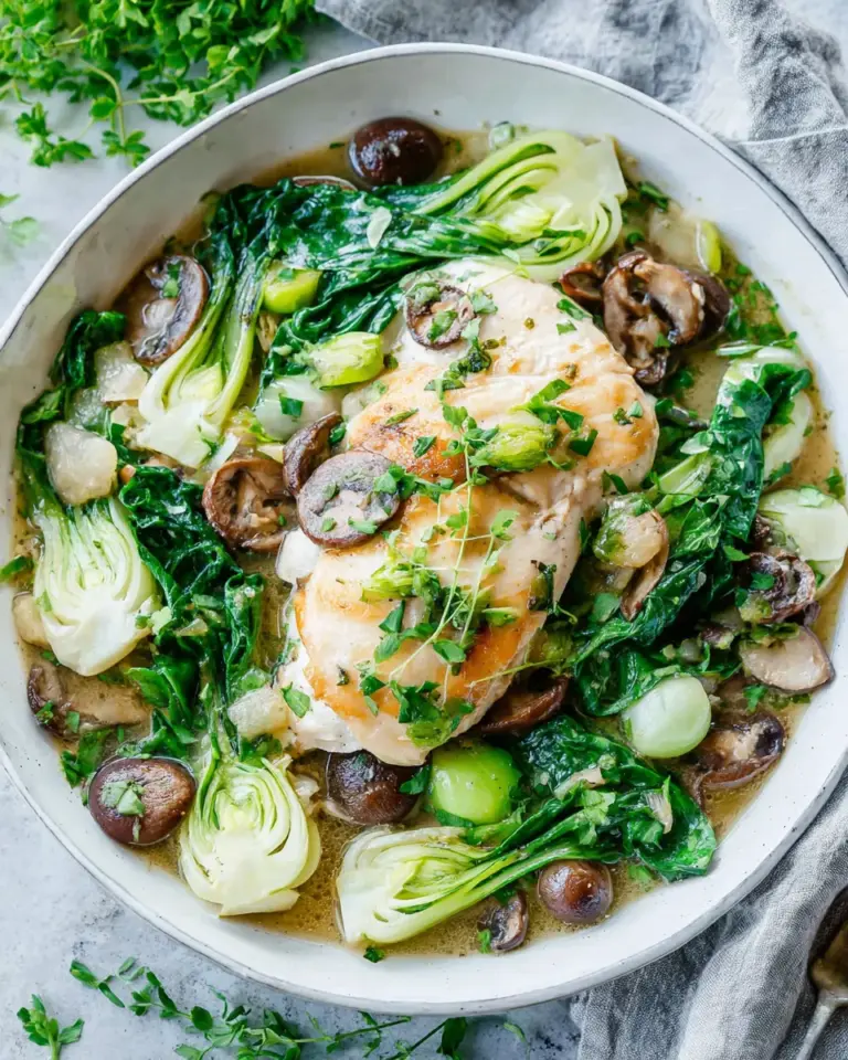 Homemade Coconut-Poached Chicken with Bok Choy and Mushrooms food shot
