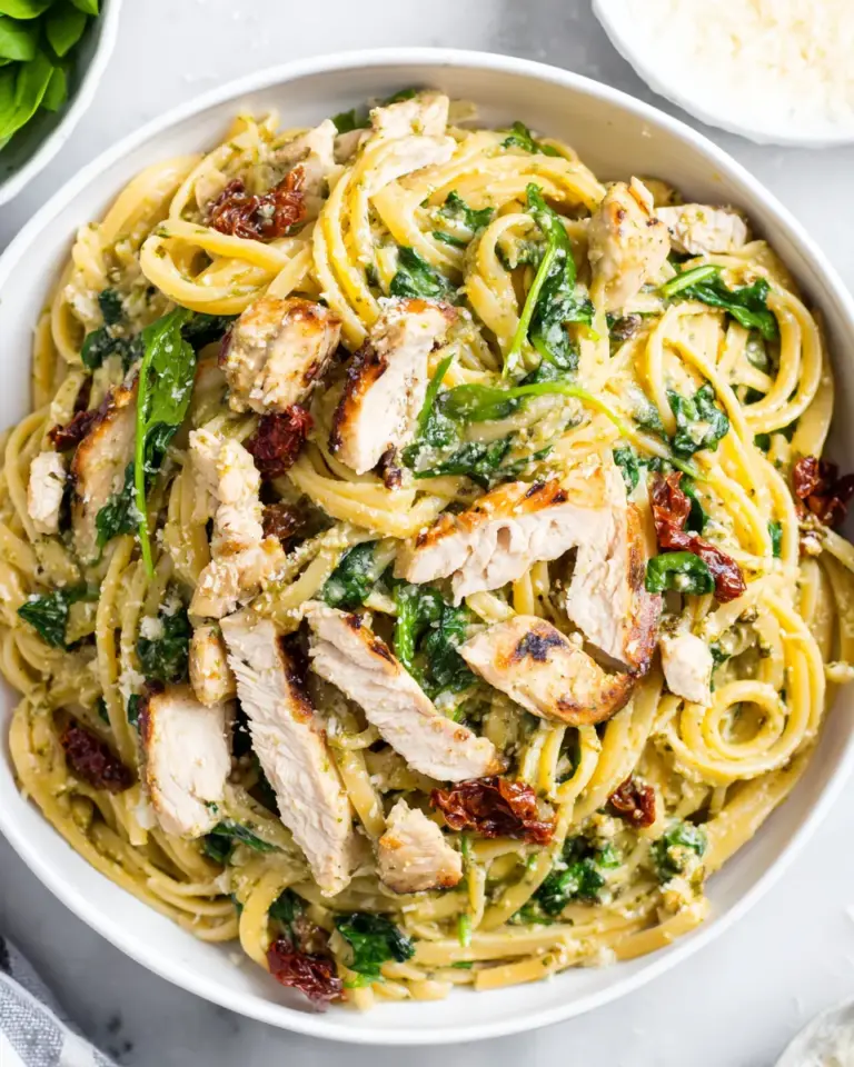 Homemade Creamy Chicken Pesto Pasta with Spinach and Sun-dried Tomatoes photo