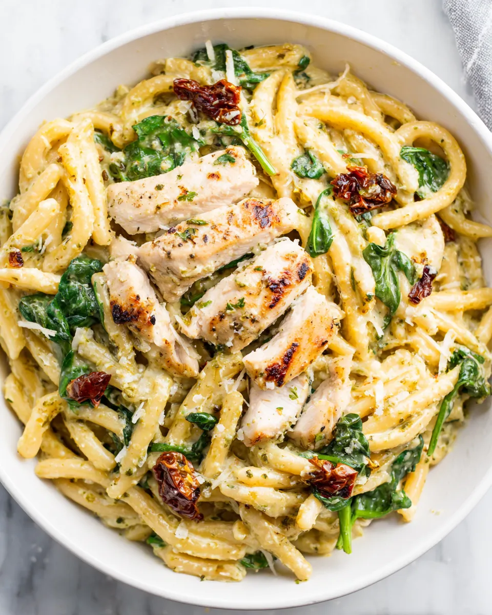 Delicious Creamy Chicken Pesto Pasta with Spinach and Sun-dried Tomatoes dish photo