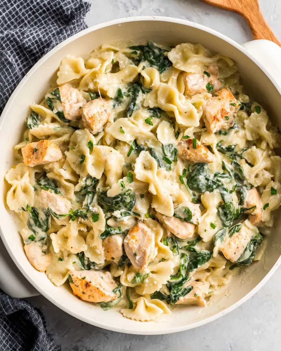 Delicious Creamy Chicken Spinach Pasta food shot