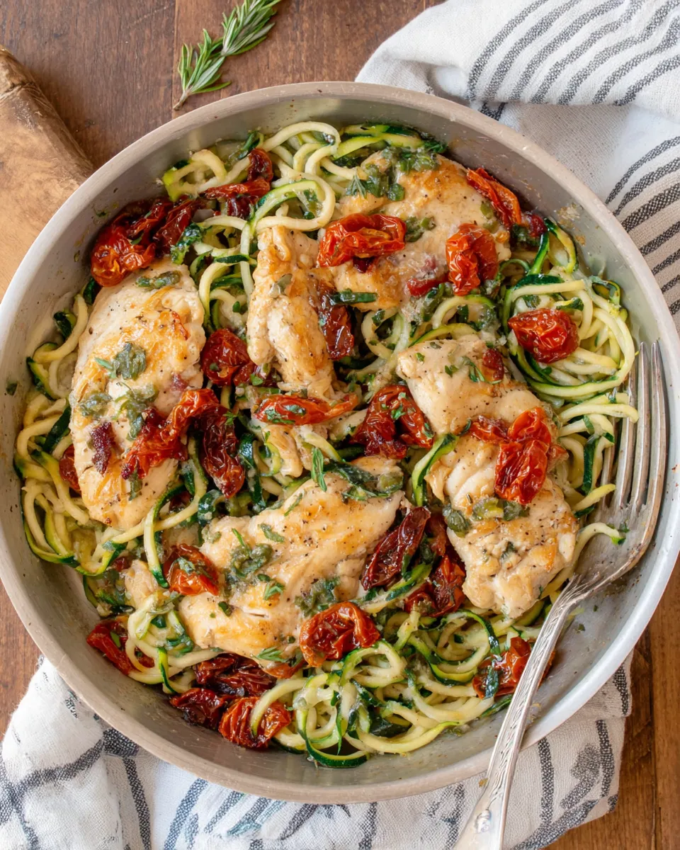 Delicious Creamy Mediterranean Chicken with Zucchini Noodles plate image
