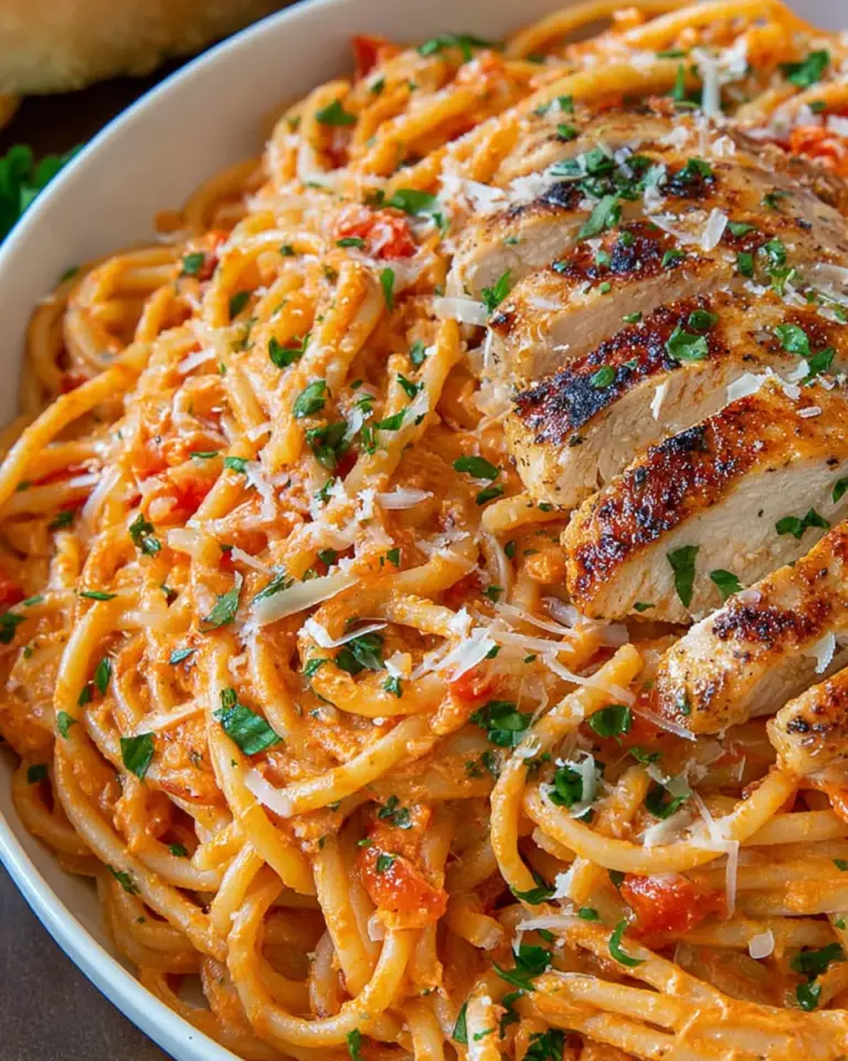Homemade Creamy Roasted Red Pepper Pasta With Grilled Chicken photo