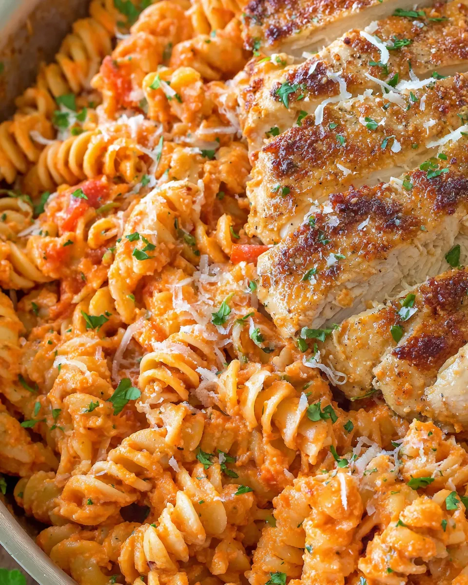 Easy Creamy Roasted Red Pepper Pasta With Grilled Chicken recipe image