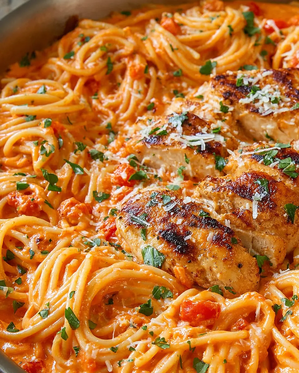 Delicious Creamy Roasted Red Pepper Pasta With Grilled Chicken dish photo