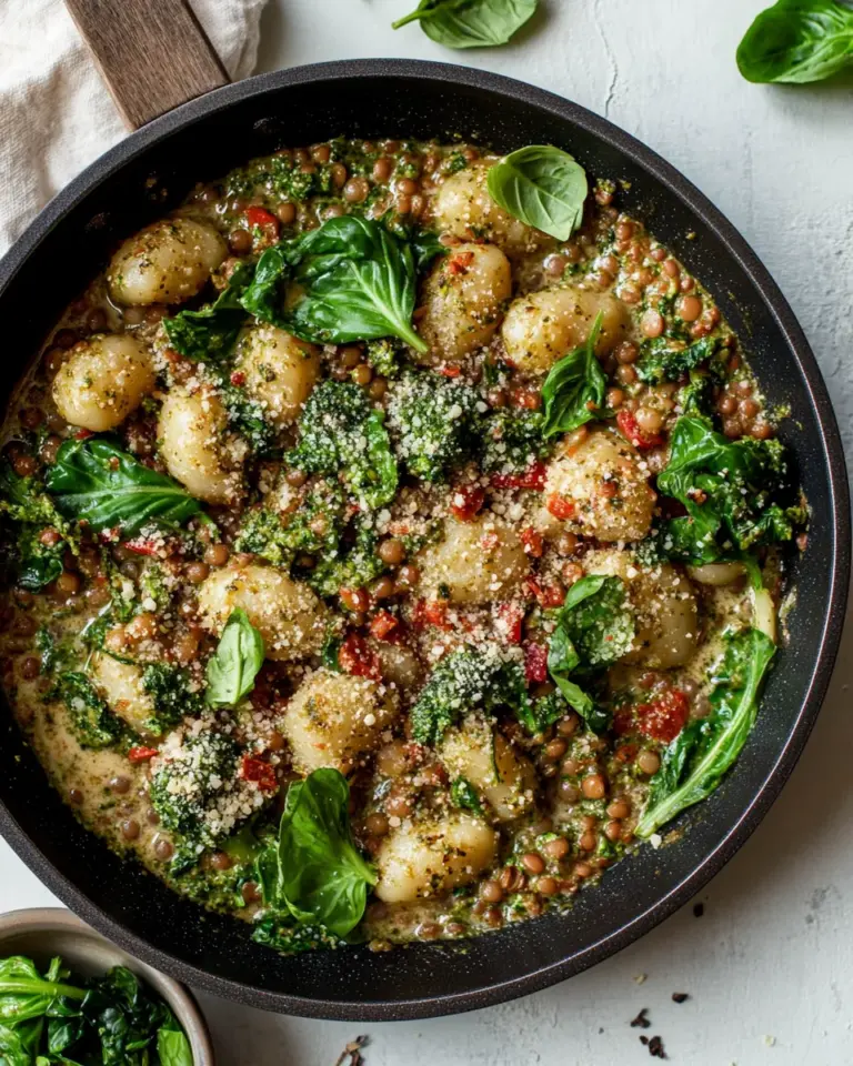 homemade Creamy Vegan Gnocchi Skillet with Pesto, Lentils & Broccoli Rabe photo