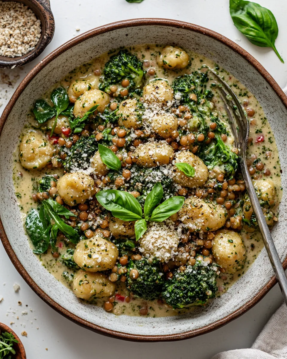 classic Creamy Vegan Gnocchi Skillet with Pesto, Lentils & Broccoli Rabe image