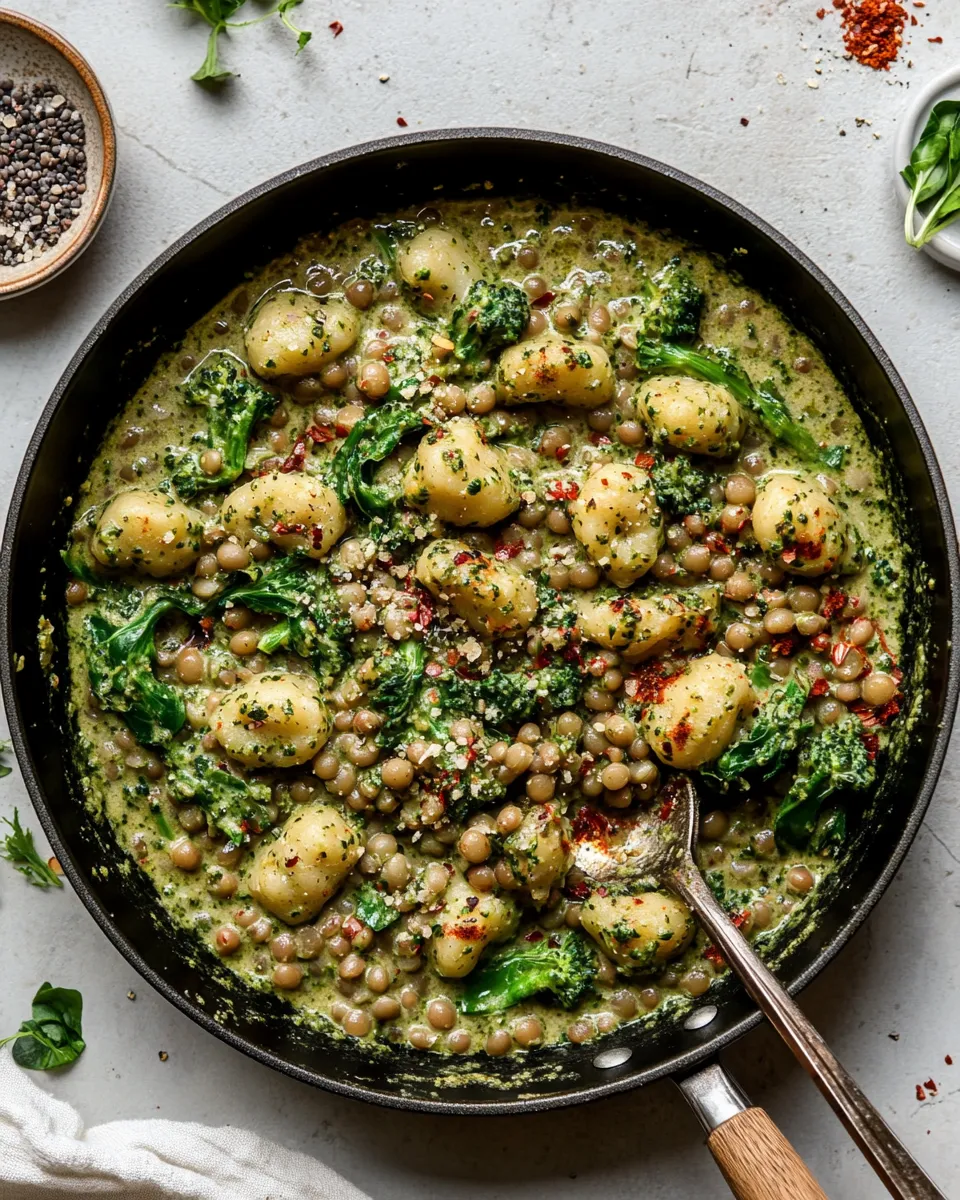 easy Creamy Vegan Gnocchi Skillet with Pesto, Lentils & Broccoli Rabe picture