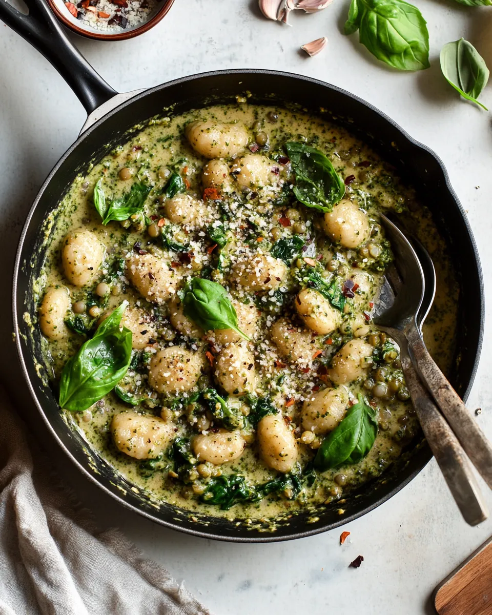 delicious Creamy Vegan Gnocchi Skillet with Pesto, Lentils & Broccoli Rabe shot
